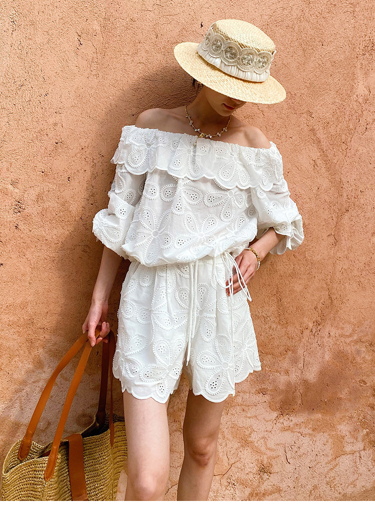 Women's French Boat Neck 3/4 Sleeve Embroidered Floral Cotton Top