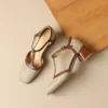 Women's French Retro Cowhide T-Strap Sandals Square Toe Medium Thick Heel