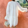 French Tencel Linen Dress Long Puff Sleeve V-Neck Midi Loose