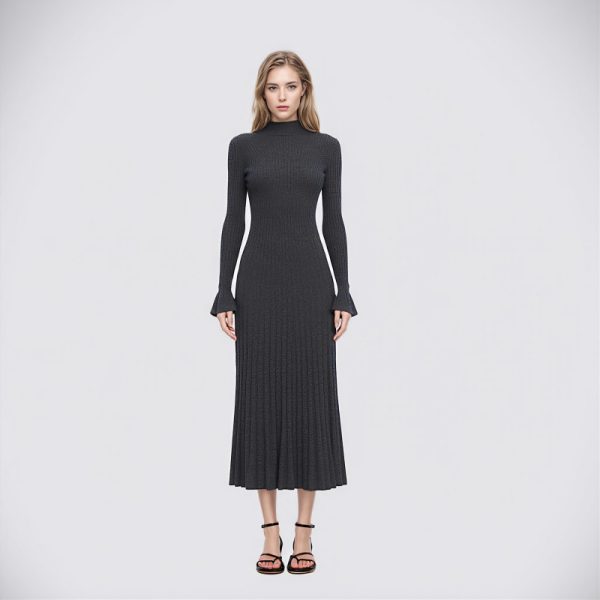 Chic Turtleneck Long Sleeve Wool Knit Midi A-Line Dress Wrinkle-Free
