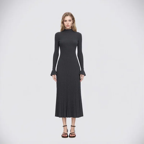Chic Turtleneck Long Sleeve Wool Knit Midi A-Line Dress Wrinkle-Free