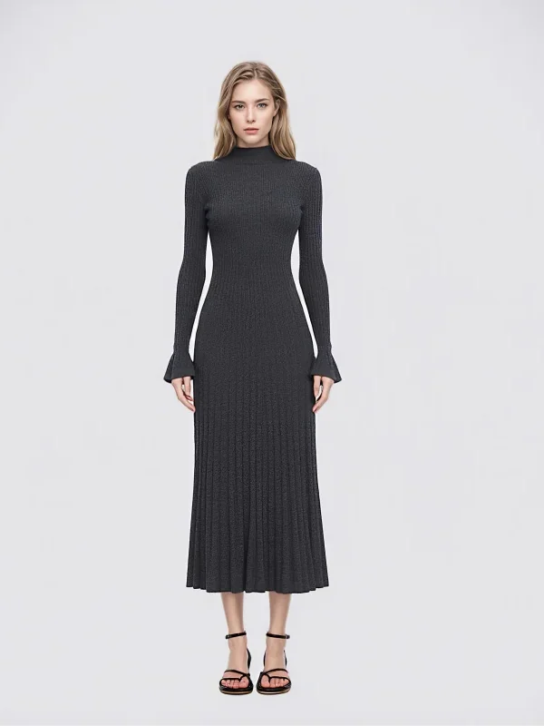 Chic Turtleneck Long Sleeve Wool Knit Midi A-Line Dress Wrinkle-Free