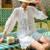 Womens Resort Floral Embroidered Blouse V Neck KimonoSleeve TieUp