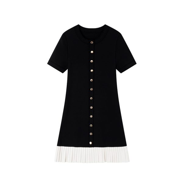 Elegant Color Block Short Sleeve Button Front Pleated Hem Knit Dress Skin-Friendly Cooling