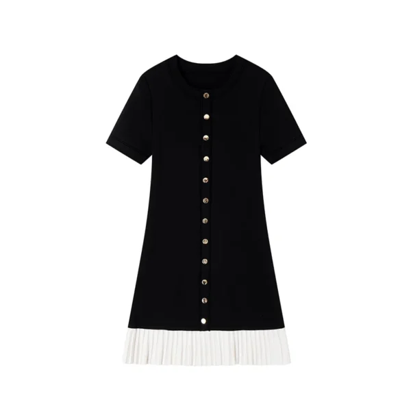 Elegant Color Block Short Sleeve Button Front Pleated Hem Knit Dress Skin-Friendly Cooling