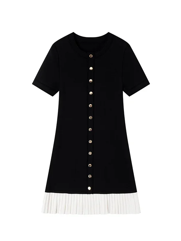 Elegant Color Block Short Sleeve Button Front Pleated Hem Knit Dress Skin-Friendly Cooling