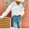 French White Cotton Blouse Long Sleeve V Neck Embroidery Lace Ruffle