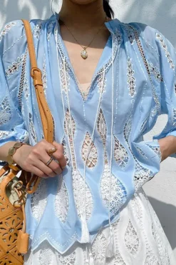 Womens Resort Floral Embroidered Blouse V Neck KimonoSleeve TieUp