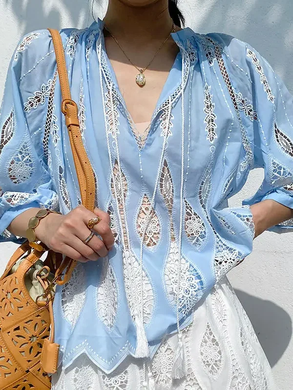 Womens Resort Floral Embroidered Blouse V Neck KimonoSleeve TieUp