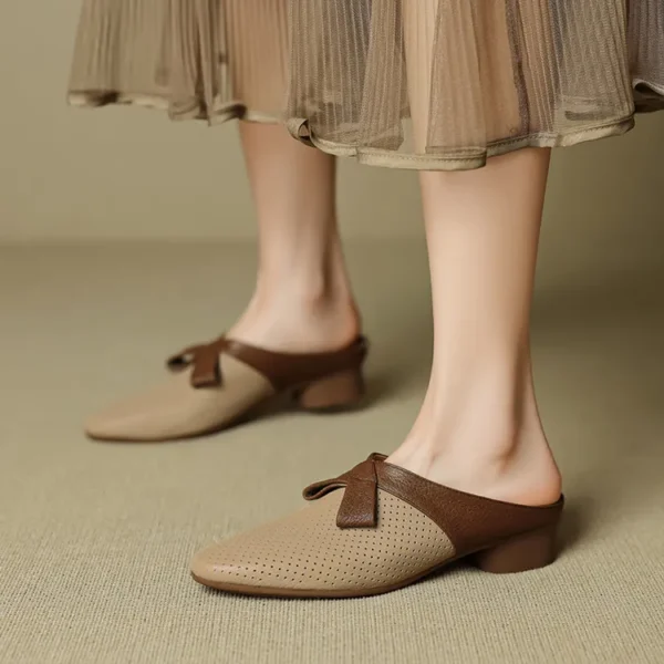 Women's Rounded Toe Sheepskin Colorblock Mules Block Heel Perforated Sandal