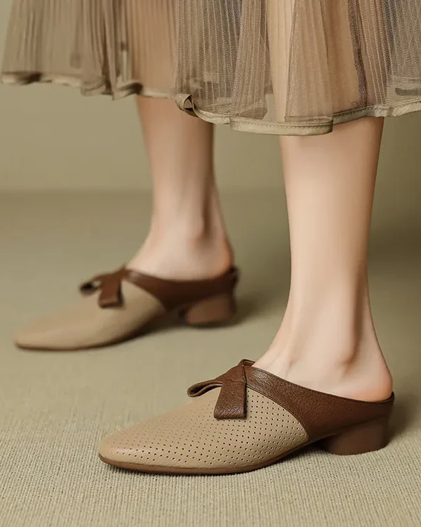 Women's Rounded Toe Sheepskin Colorblock Mules Block Heel Perforated Sandal