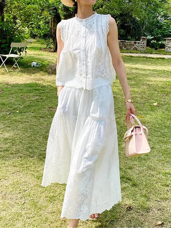 French Riviera Breathable Cotton Broderie Anglaise Midi Skirt