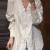French Women's Long Sleeve V-Neck Solid Shirt Lace Patchwork Linen Tencel
