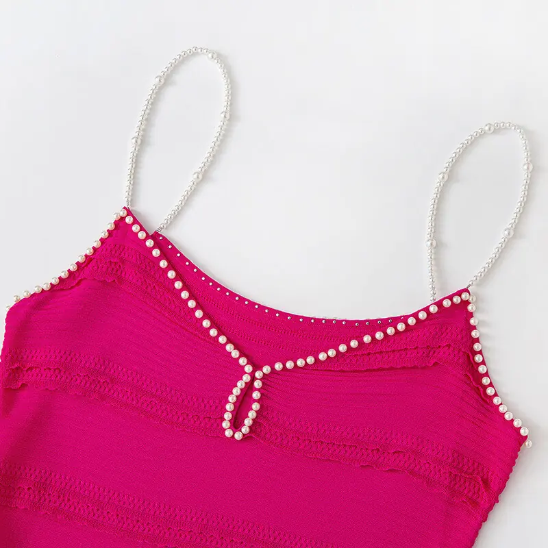 Skin-Friendly Cooling Womens Elegant Pearl Beaded V Neck Sleeveless Midi Knit Fishtail Dress