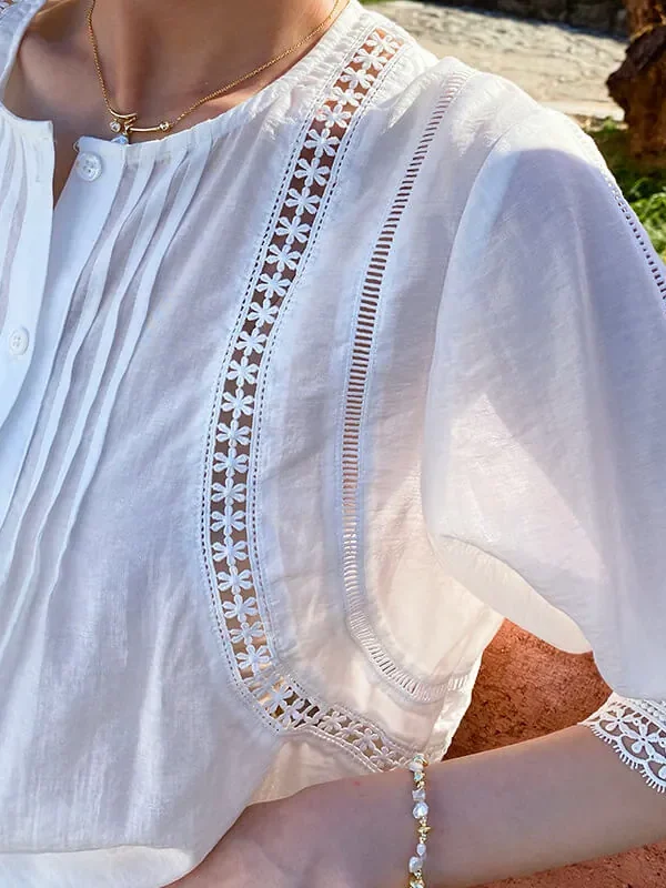 French Riviera Breathable Lyocell Broderie Anglaise Puff Sleeve Blouse