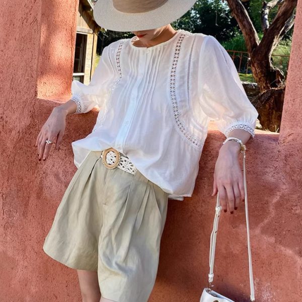 French Riviera Breathable Lyocell Broderie Anglaise Puff Sleeve Blouse