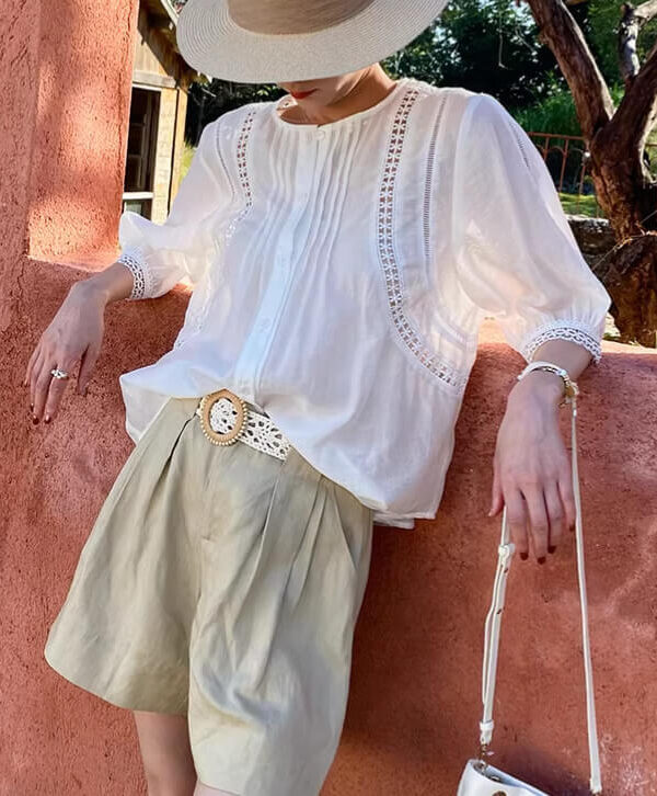 French Riviera Breathable Lyocell Broderie Anglaise Puff Sleeve Blouse