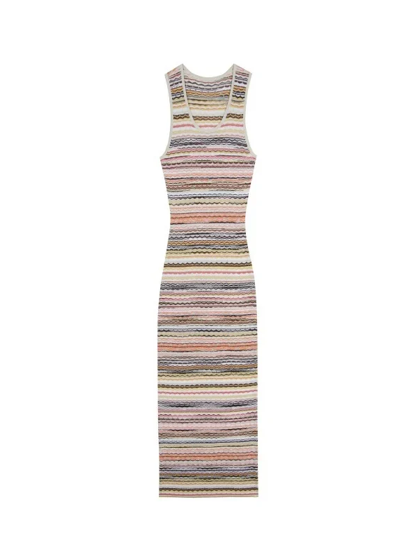 Skin-Friendly Cooling Womens Sleeveless Striped Knit Maxi Dress High Waist Elegant Work Wear