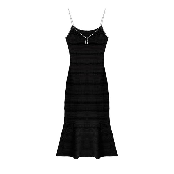 Skin-Friendly Cooling Womens Elegant Pearl Beaded V Neck Sleeveless Midi Knit Fishtail Dress