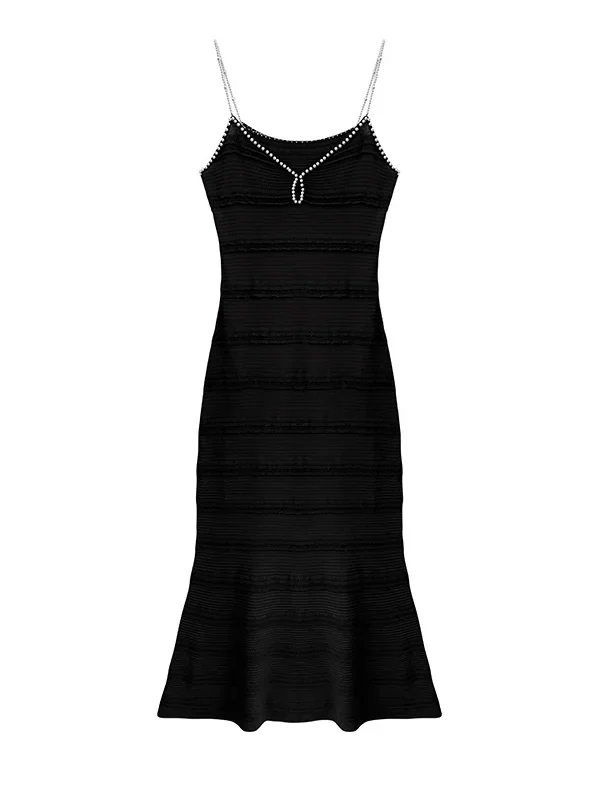 Skin-Friendly Cooling Womens Elegant Pearl Beaded V Neck Sleeveless Midi Knit Fishtail Dress