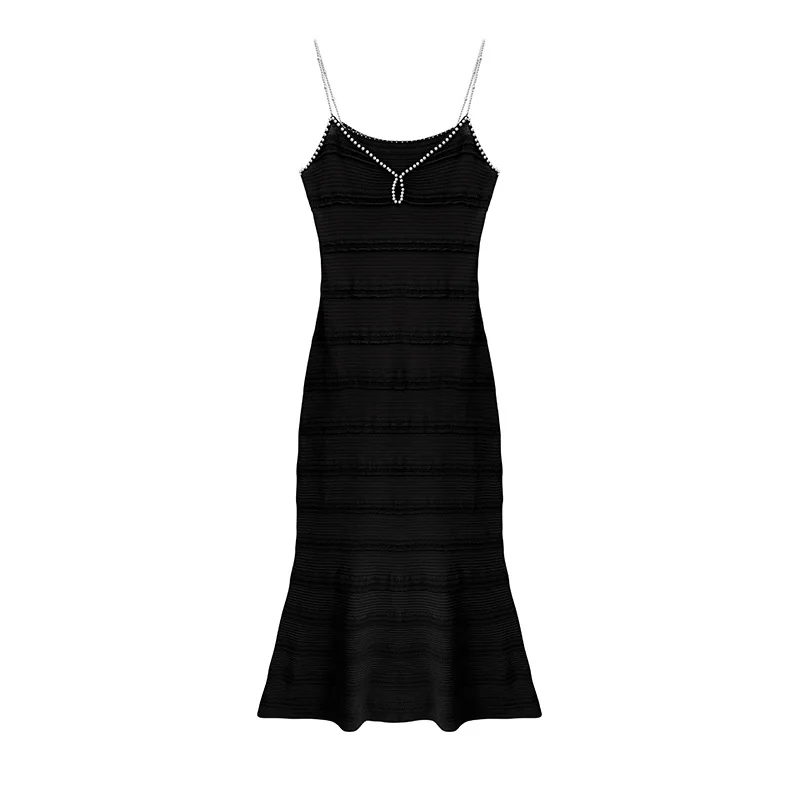 Skin-Friendly Cooling Womens Elegant Pearl Beaded V Neck Sleeveless Midi Knit Fishtail Dress
