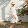 French Riviera Breathable Pure Cotton Broderie Anglaise Mini Shirt Dress