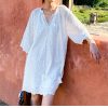 Cotton Embroidered Eyelet Tassel Loose Midi Dress 3/4 Sleeve Boho