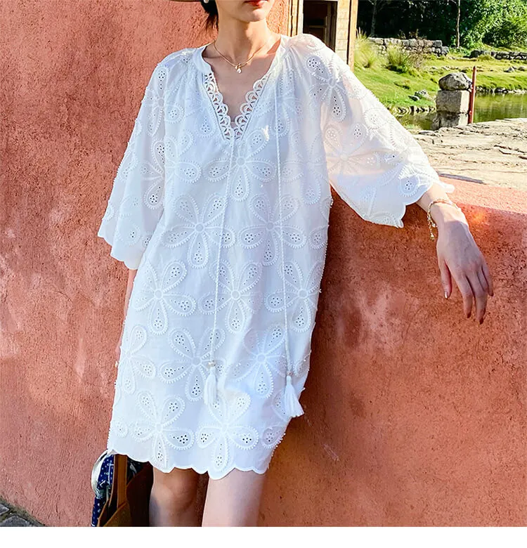 Cotton Embroidered Eyelet Tassel Loose Midi Dress 3/4 Sleeve Boho