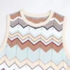 Elegant Sleeveless Chevron Knit Midi Dress Crew Neck High Waist Casual