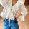 French Riviera Pure Cotton Broderie Anglaise Ruffled Blouse