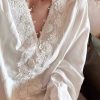 French Women's Long Sleeve V-Neck Solid Shirt Lace Patchwork Linen Tencel