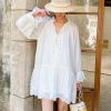 French Tencel Linen Dress Long Puff Sleeve V-Neck Midi Loose