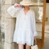 French Tencel Linen Dress Long Puff Sleeve V-Neck Midi Loose