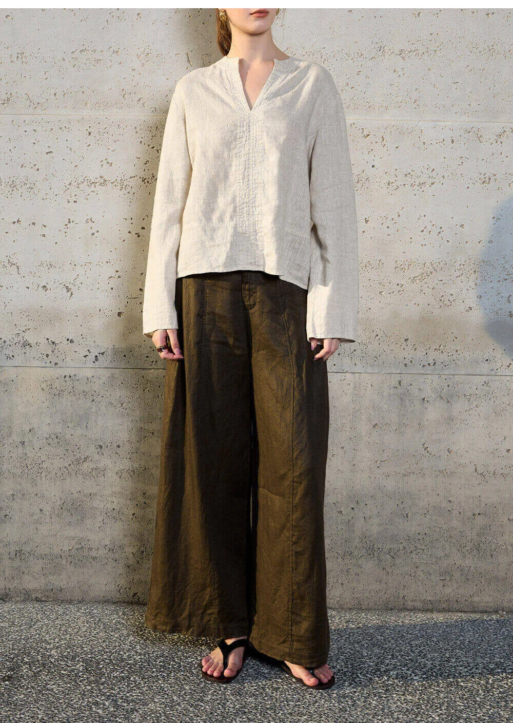 Minimalist Breathable Linen V Neck Long Sleeve Blouse