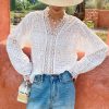 French Cotton Blouse Women Long Sleeve V Neck Loose Lace Embroidery Hollow Top
