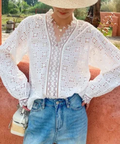 French Cotton Blouse Women Long Sleeve V Neck Loose Lace Embroidery Hollow Top