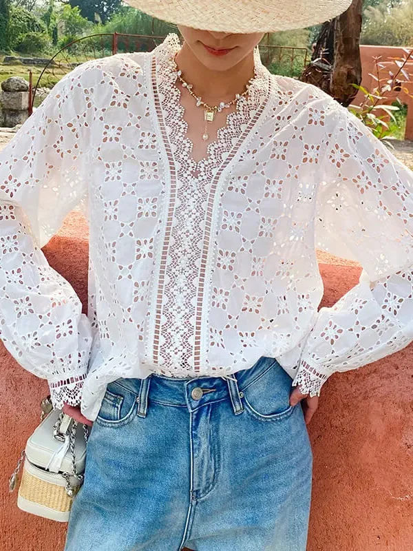 French Cotton Blouse Women Long Sleeve V Neck Loose Lace Embroidery Hollow Top