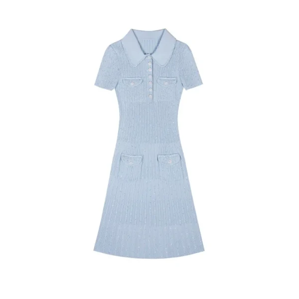 Skin-Friendly Cooling Sequin Ribbed Knit Polo Short Sleeve Midi Dress Casual