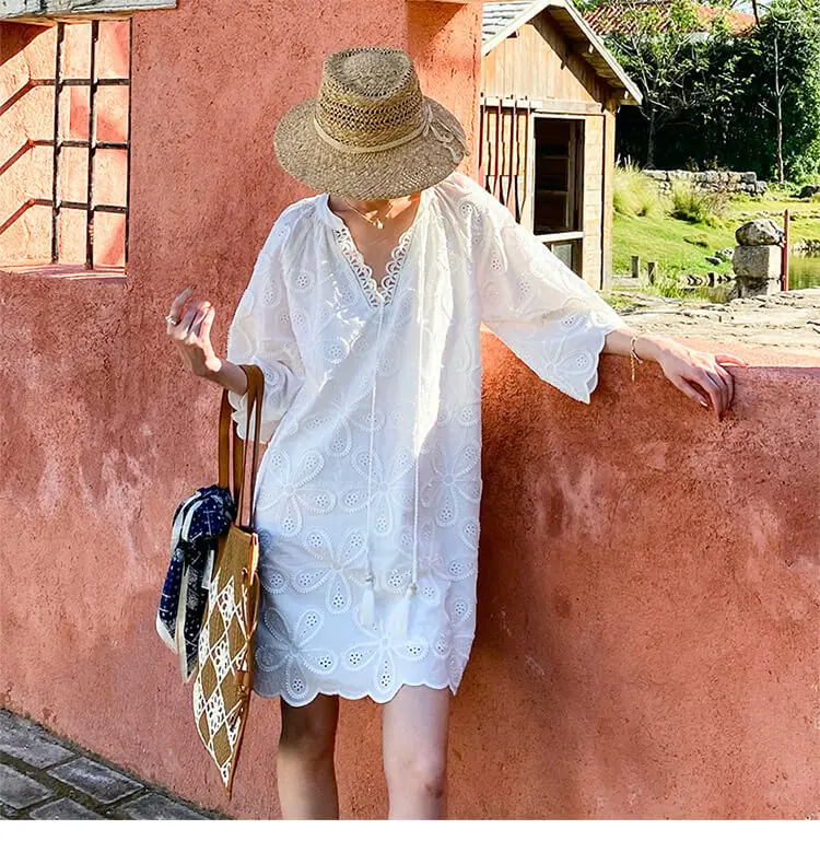 Cotton Embroidered Eyelet Tassel Loose Midi Dress 3/4 Sleeve Boho