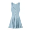 Square Neck Sleeveless Pleated Knit Dress High Waist A-Line Skin-Friendly Cooling