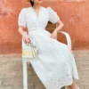 French Riviera Broderie Anglaise Cotton Puff Sleeve Midi Dress
