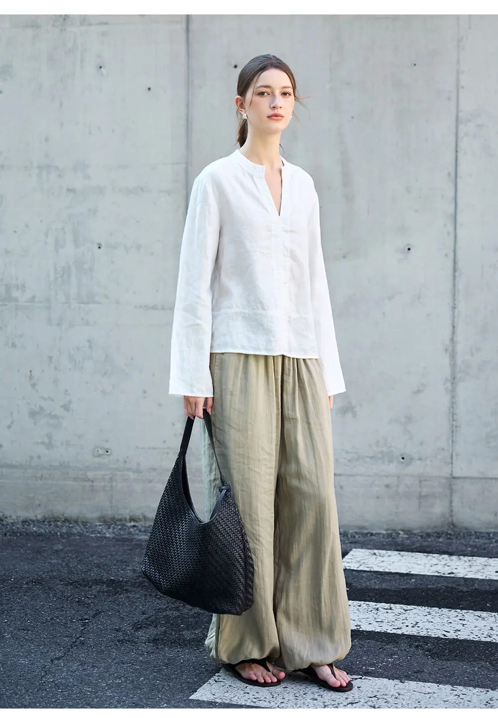 Minimalist Breathable Linen V Neck Long Sleeve Blouse