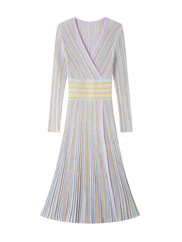 Skin-Friendly Cooling Elegant Floral Striped Knit Midi Dress V Neck Long Sleeve High Waisted A Line