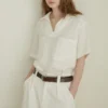 Minimalist Breathable Pure Linen V Neck Short Sleeve Shirt