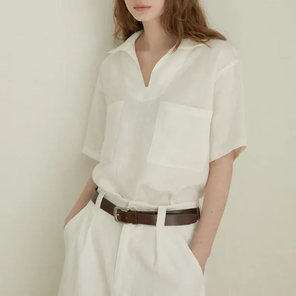 Minimalist Breathable Pure Linen V Neck Short Sleeve Shirt