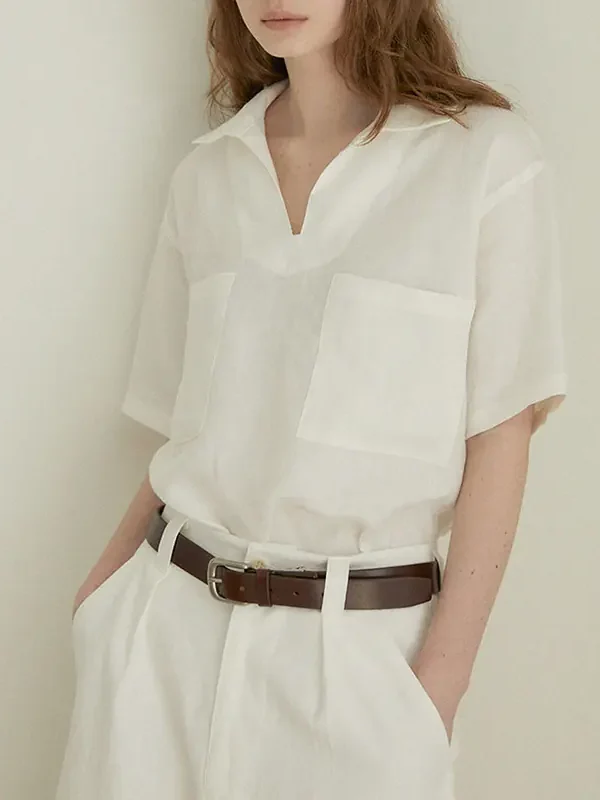 Minimalist Breathable Pure Linen V Neck Short Sleeve Shirt