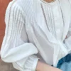 Women's French White Cotton Pleated Long Sleeve Shirt