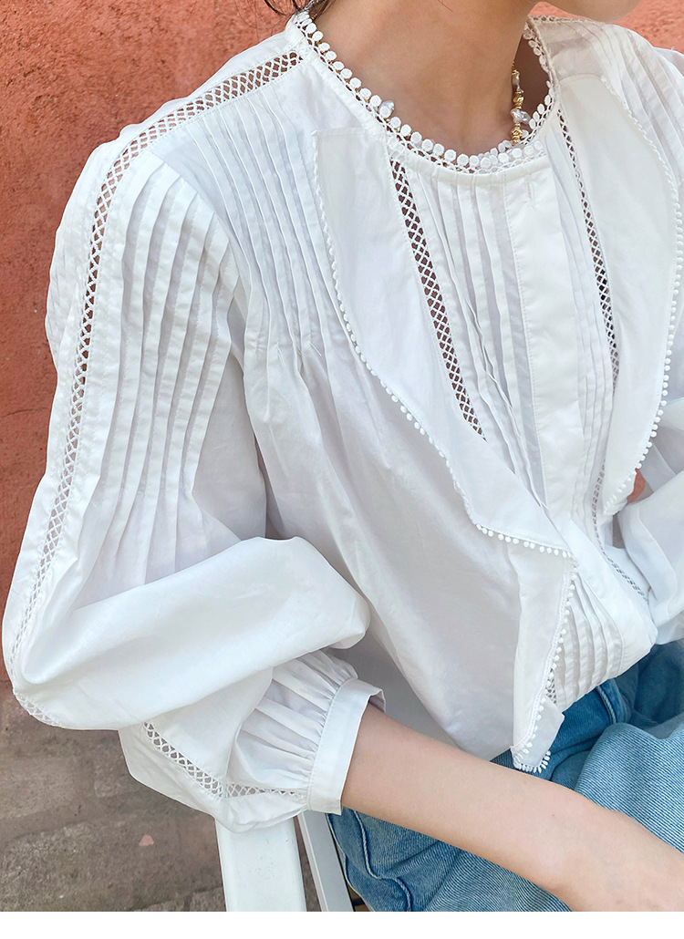 Women's French White Cotton Pleated Long Sleeve Shirt