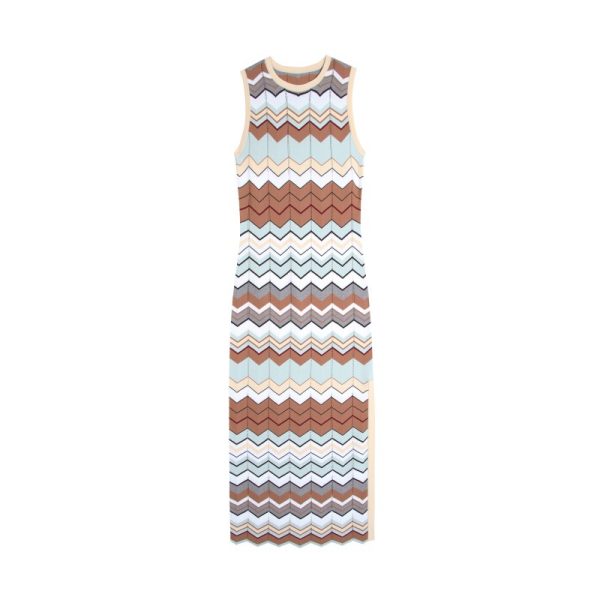 Elegant Sleeveless Chevron Knit Midi Dress Crew Neck High Waist Casual