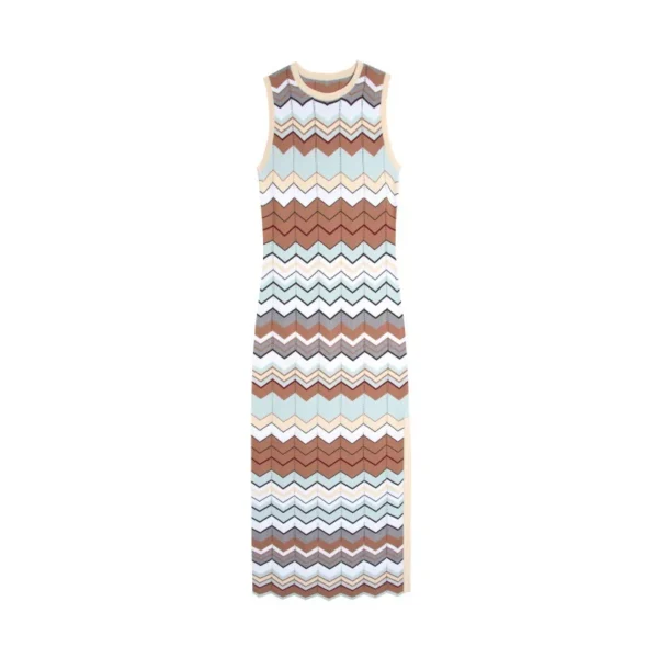 Elegant Sleeveless Chevron Knit Midi Dress Crew Neck High Waist Casual